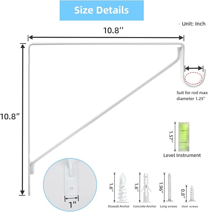 6-Pack Closet Rod Bracket, 10.8x10.8Inch Closet Shelf Brackets Heavy Duty Wall Mounted, Matte White Steel Closet Rod Support Brackets Holder, 300 Lbs Load Capacity with Anchors Screws