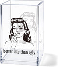 Acrylic Pen Holder Cup, Vintage Newspaper Style Desk Decor, “Better Late Than Ugly” Pencil Holder Organizer, Black and White Aesthetic Office Accessories, Gift for Women