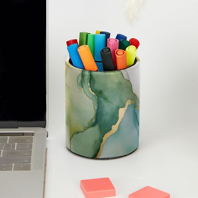 Faux Leather Pen Holder for Desk, Pencil Organizer Green Gold Marble Texture Pen Cup Desk Decor Makeup Brush Holder Storage for Office Home