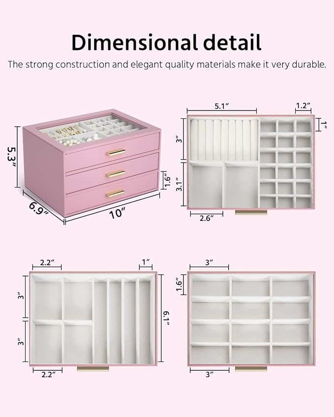 AKOZLIN Jewelry Box with Clear Lid Functional Leather Jewelry Storage Organizer Case 3 Drawers for Women Girls Necklace Ring Bracelet Earring
