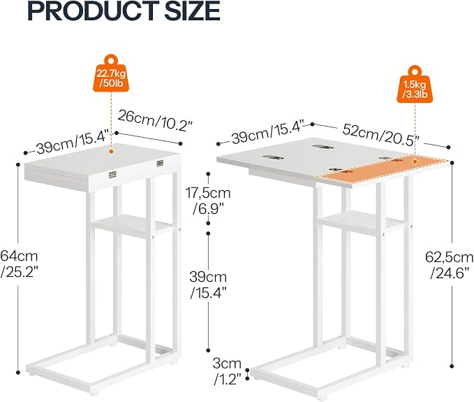 HOOBRO Foldable C Shaped End Table, C Shaped Side Table with Storage Shelf, Small Snack Table, Slide Under Couch Table for Sofa, Living Room Bedroom Small Spaces Easy Assembly, White WW29SF01