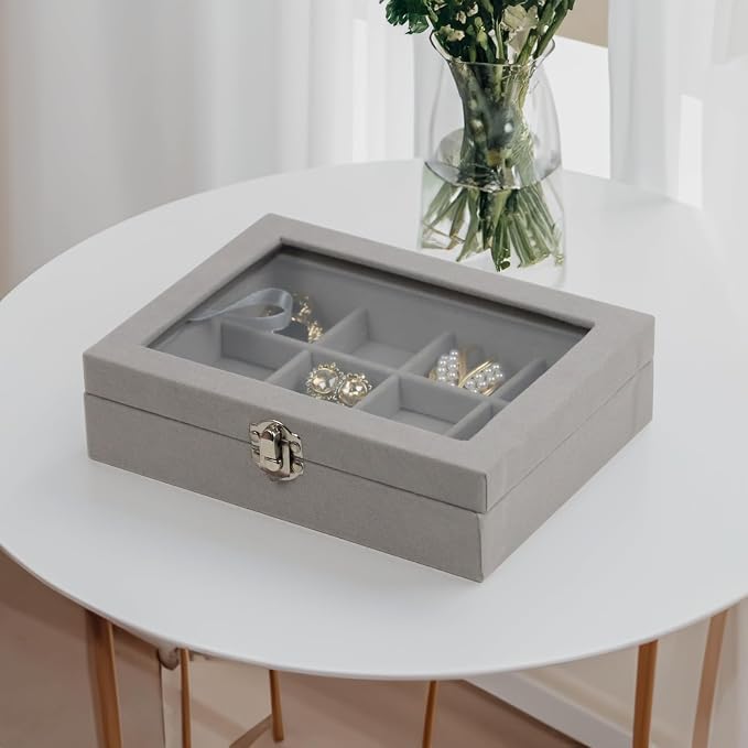Fordonral Velvet Jewelry Organizer Box, Jewelry Drawer Organizers Trays, Earring Ring Necklace Holder Display Case (Gray, 12 Grid Box)