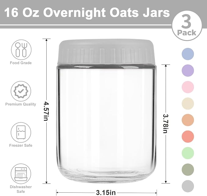 Overnight Oats Containers with Lids, 16oz Wide Mouth Mason Jars with Lids, 3 Pack Glass Jars with Airtight lid for Chia Pudding Yogurt Salad, Meal Prer Oatmeal Jars, Gray