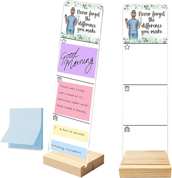 Sticky Note Holder, Monitor Memo Board, Acrylic Post It Note Holder with Wooden Base, Includes 100 Notes, Appreciation Desk Organizer, Nurse Quote “Never Forget The Difference You Make”