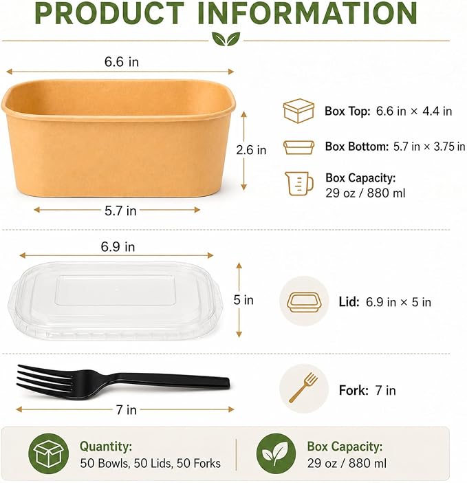 50 Pack 29oz Disposable Kraft Paper Bowls with Lids and Forks, Leak Resistant Meal Prep Containers, Microwave & Freezer Safe for Weekly Lunch Prep, Leftovers, Takeout and Party