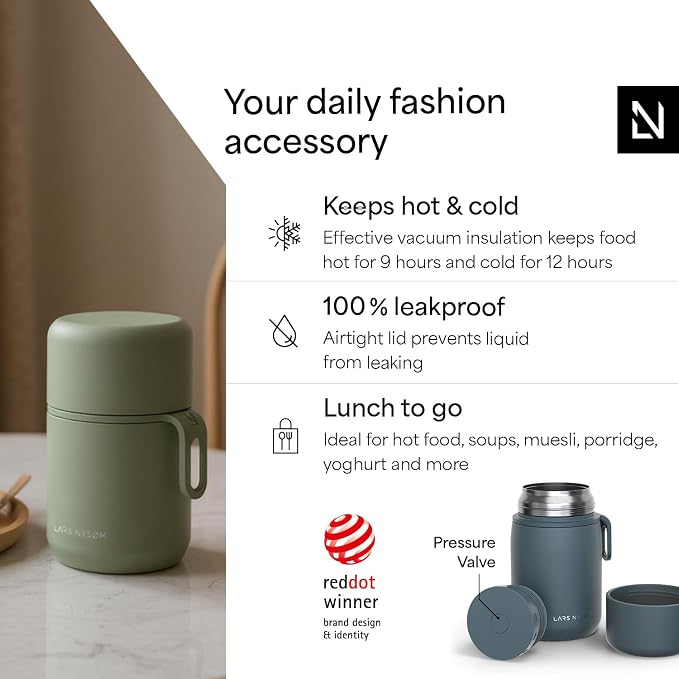 LARS NYSØM Stainless Steel Vacuum Insulated Food Jar - Leakproof Lunch Pot & Lunch Jar for Hot and Cold Food, Wide Mouth, Portable Soup Container for Work & Travel (Stone Blue, 24oz)