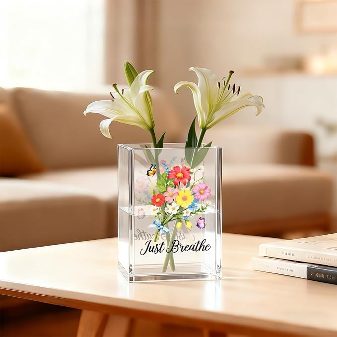 Just Breathe Acrylic Cosmetic Organizer Pen Holder, Motivational Acrylic Desk Holder Cup for Pen Pencil, Inspirational Office Gifts for Coworker Leader, Mental Health Gifts for Anxiety Friend