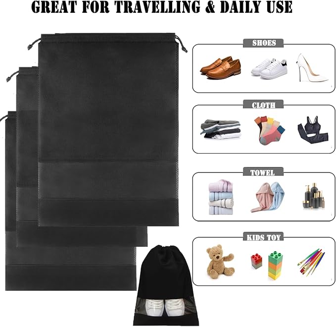 YMCCOOL 12pcs Non-woven Shoe Bags for Travel 12.6" X 17.3" Portable Shoe Bags with Clear Window, Large Drawstring Dustproof Travel Shoe Storage Bag for Men & Women, Black,XL Size