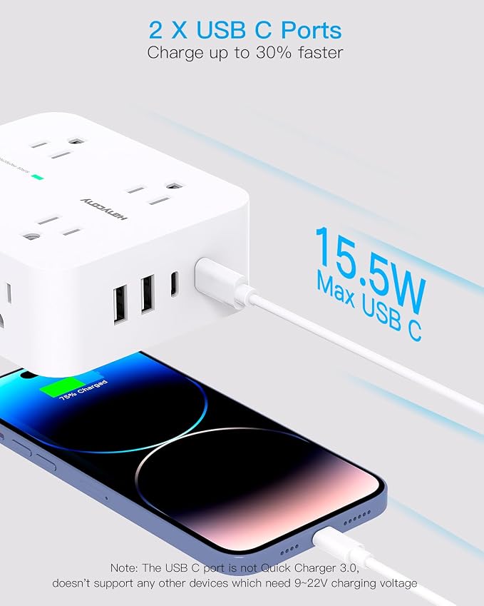 10 Ft Surge Protector Power Strip, HANYCONY Extension Cord with 8 AC Outlets 4 USB (2 USB C) Ports, Flat Plug, Wall Mount Desk USB Charging Station for Home