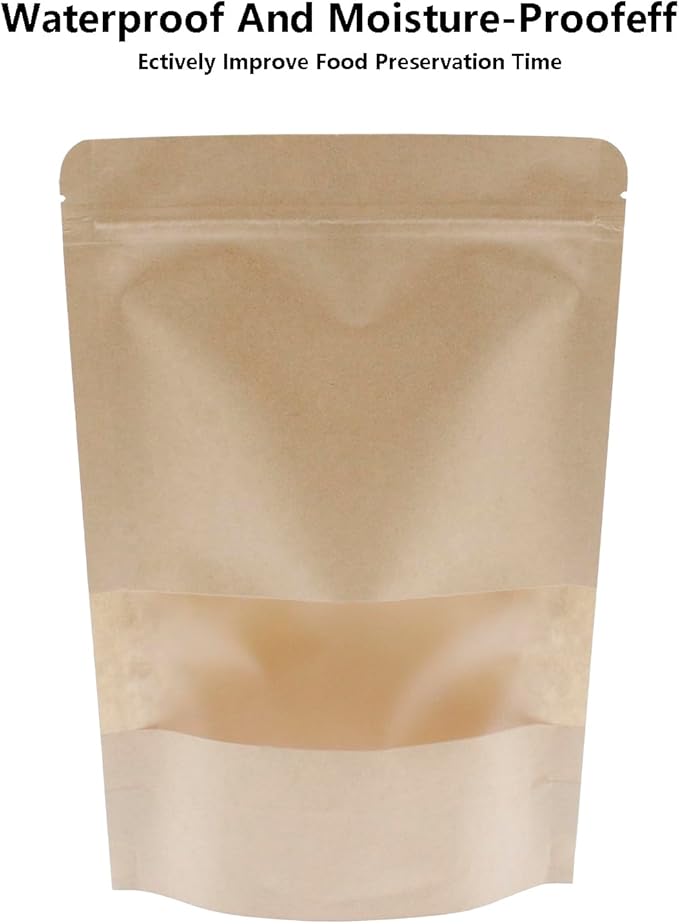 Kraft Paper Zipper Pouches,ULIFESTAR Kraft Stand Up Zip Lock Pouch Bags,100PCS Resealable Bag with Transparent Window and Tear Notch Resealable Bag for Small Business HomeUse,6.7"*9.5"(17 * 24cm+4cm)