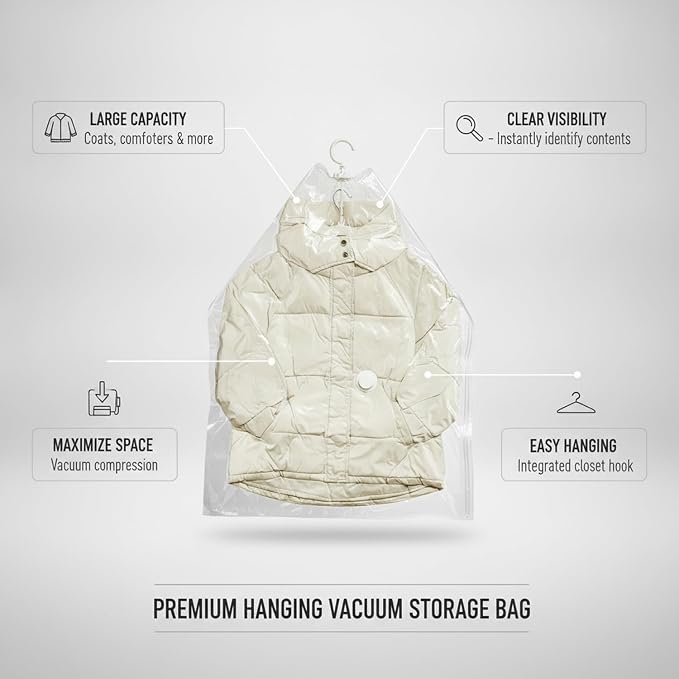 Clear Hanging Vacuum Storage Bag with Hook, Space Saver for Coats & Comforters, 35.4 x 27.6 In, Reusable Closet Organizer (1 Pack)