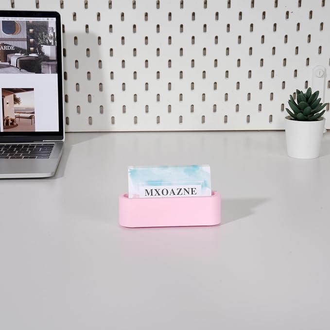 Cement Business Card Holder for Desk, Modern Desktop Business Name Card Display Stands for Women, Concrete Desk Decor, Pink