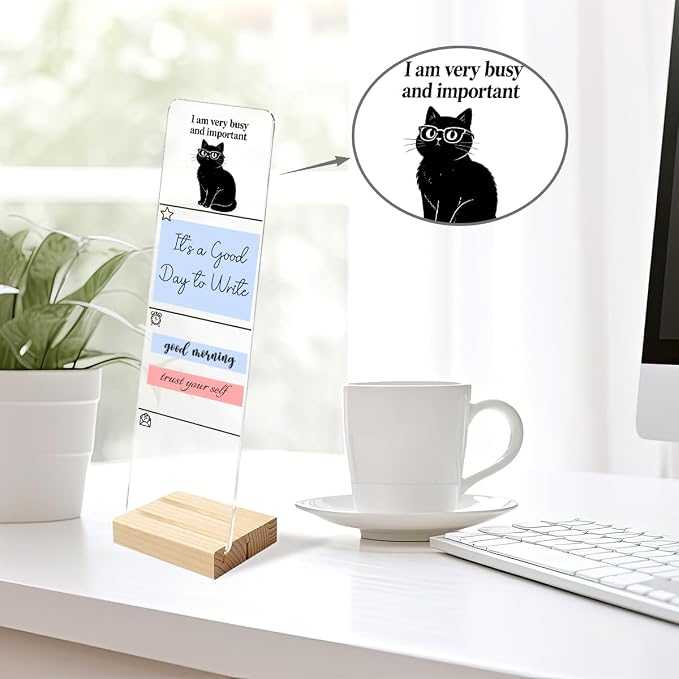 Monitor Memo Board, Sticky Note Holder, Sticky Note Board for Desk, Acrylic Desk Buddy with Wooden Base, Includes 200 Notes, Funny Cat “I Am Very Busy and Important”