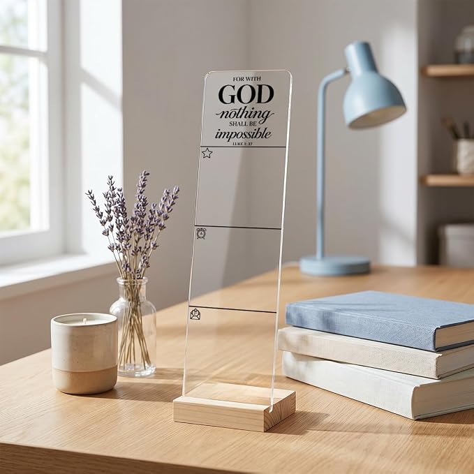 Sticky Note Holder, Monitor Memo Board, Sticky Note Board for Desk, Acrylic Desk Buddy with Wooden Base, Includes 200 Notes, Religious “for with God Nothing Shall Be Impossible Luke”