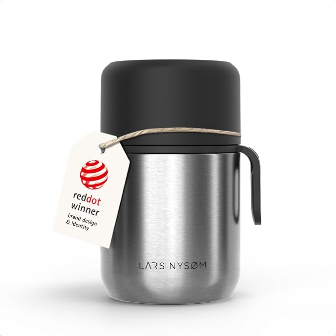 LARS NYSØM Stainless Steel Vacuum Insulated Food Jar - Leakproof Lunch Pot & Lunch Jar for Hot and Cold Food, Wide Mouth, Portable Soup Container for Work & Travel (Stainless Steel, 17oz)
