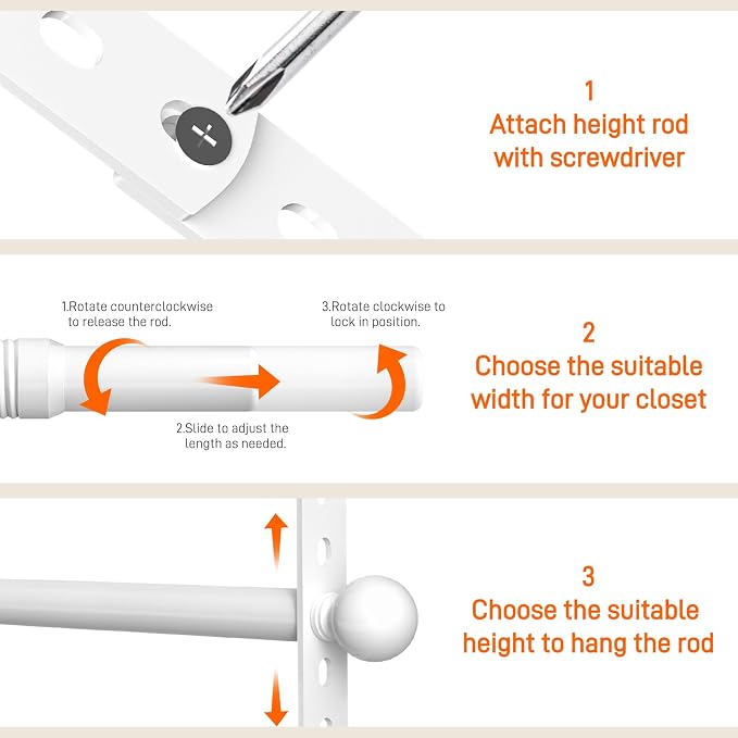 SUTINE Closet Rods for Hanging Clothes, Adjustable Metal Closet Extender Hanging Rod, Space-Saving Closet Rod Extender Clothes Hanging Bar, Closet Poles for Hanging Clothes (White, 15.7-31.5 IN)