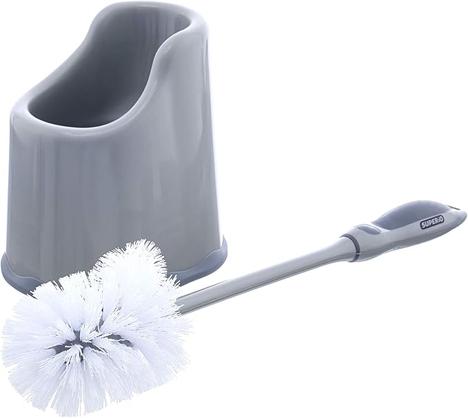 Superio Toilet Bowl Brush and Holder with Under Rim Cleaner for Bathroom, Toilet Brush and Caddy with Non Scratch Bristles and Under Rim Lip Brush, Grey (2 Pack)