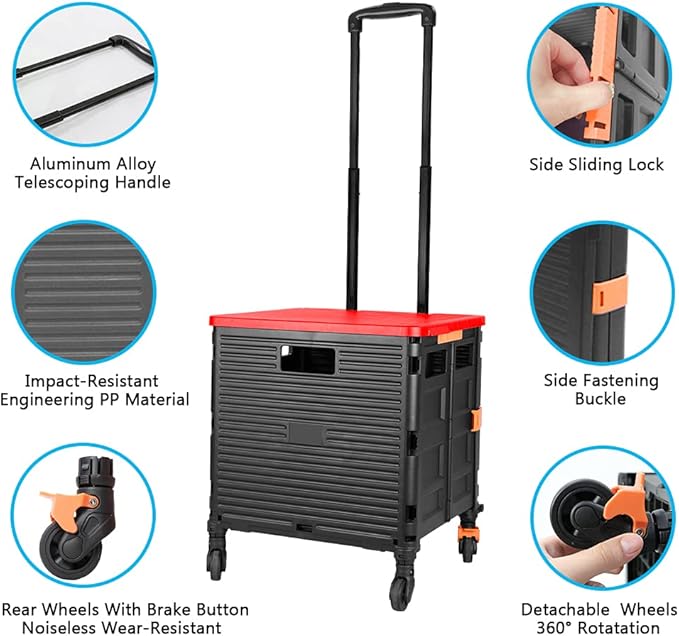Quick Utility Cart Folding Portable Rolling Crate Handcart with Durable Heavy Duty Plastic Telescoping Handle Collapsible 4 Rotate Wheels for Travel Shopping Moving Luggage Office Use (Black&red lid)
