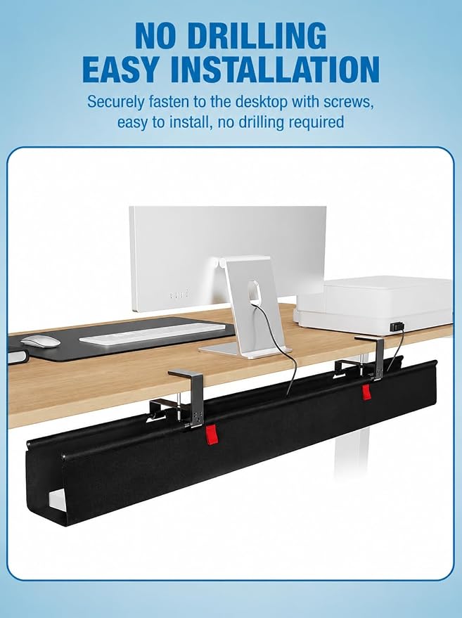 Under Desk Cable Management Tray, 90CM Extra Large, No-Drill Clamp Mount Cable Organizer, Hide Power Strips, Adapters & Wires, Easy Access Fabric Cable Basket for Standing Desks & Home Offices