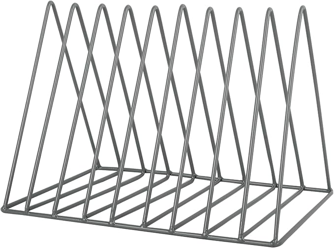 EASEPRES Vinyl Record Holder Storage, 9 Slot Metal Magazine Book Album Display Rack, Stylish Triangle Desktop File Sorter Organizer for Home Office, Grey