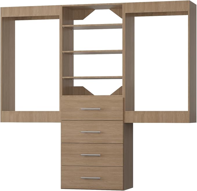 Modular Closet System, 90" Wide Closet Organizer System with Hanging and Drawers, Wood Tower Closet Storage for Walk In Closets, Wall Mounted Wardrobe Organizer Kit System, Bedroom, Wood