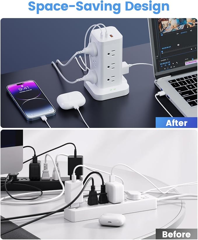 Power Strip Tower with Surge Protector 1800J, Fast Charging Tower PD20W USB-C Ports with 12 AC Outlets, Extension Cord for Home Office Dorm Room, 15ft, White