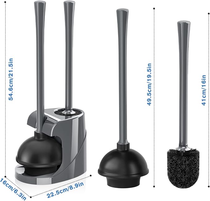 Toilet Plunger and Brush, Bowl Brush and Heavy Duty Toilet Plunger Set with Ventilated Holder, 2-in-1 Bathroom Cleaning Combo with Modern Caddy Stand for 5.7-inch Toilet Drain(Grey, 2 Set)