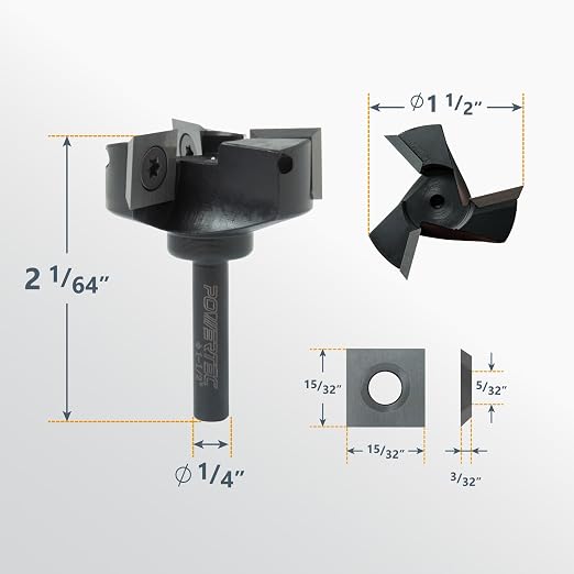 POWERTEC Slab Flattening Router Bit, 1/4" Shank, 1-1/2" Diameter, 1/2" Cutting Depth, 3-Wing Carbide Insert Woodworking Surfacing Bit for CNC Machine, Wood Milling & Live Edge Wood Planing (73053)