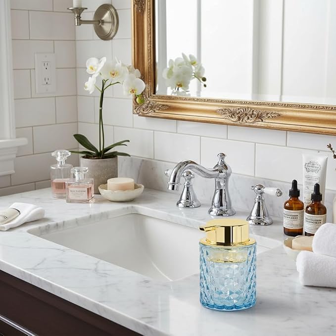 10 Oz Glass Hand Soap Dispenser with Pump, Refillable Bathroom Gold Foaming Soap Dispenser, Vintage Glass Diamond Lotion Container Bottle for Bathroom and Kitchen (1, Blue and Gold)