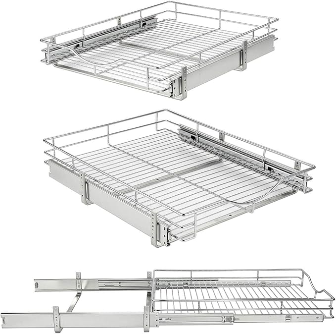 DINDON 1 Tier Pull Out Cabinet Organizer (20" W x 18" D) Heavy-Duty Metal Sliding Drawer Shelf, Slide Out Wire Basket for Kitchen Cabinets, Pantry, Bathroom, Chrome Finish…