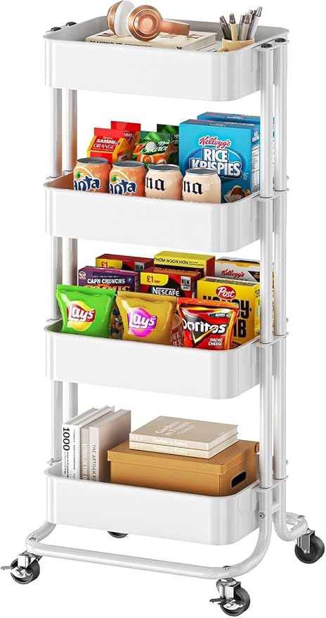 Pipishell 4 Tier Metal Rolling Utility Cart, Heavy-Duty Storage Rolling Cart with 2 Lockable Wheels, Multifunctional Mesh Organization Utility Cart for Kitchen Dining Room Living Room, PIUC13W