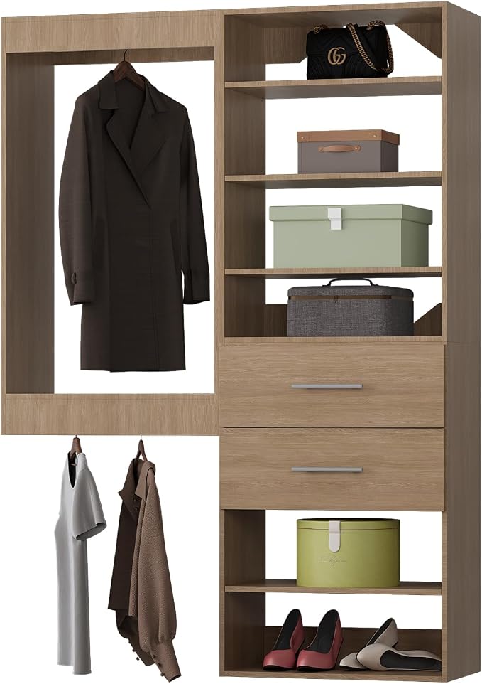 ROOMTEC Modular Closet System, 46" Wall Mounted Closet Organizer with Hanging Rods and Drawers, Wooden Tower for Walk-In Closets, Wardrobe Storage Kit, Wood
