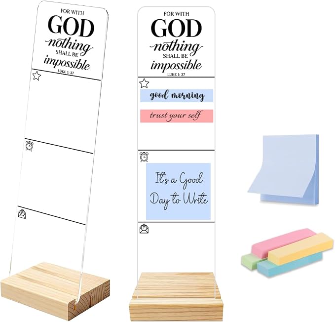 Sticky Note Holder, Monitor Memo Board, Sticky Note Board for Desk, Acrylic Desk Buddy with Wooden Base, Includes 200 Notes, Religious “for with God Nothing Shall Be Impossible Luke”