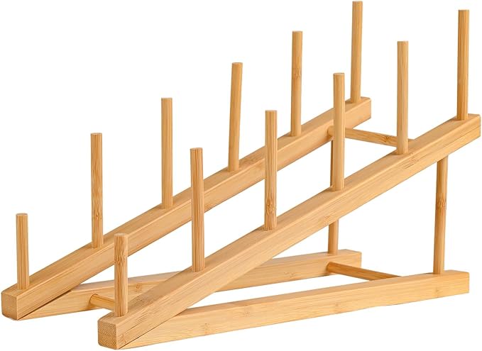 Plate Stands For Display, Wooden Plate Rack Dish Stand Holder | 5-Tier Display Stand for Book, Art Print, Puzzle, Cutting Board, Pot Lid Rack and Kitchen Cabinet Organizer (1 Pack)