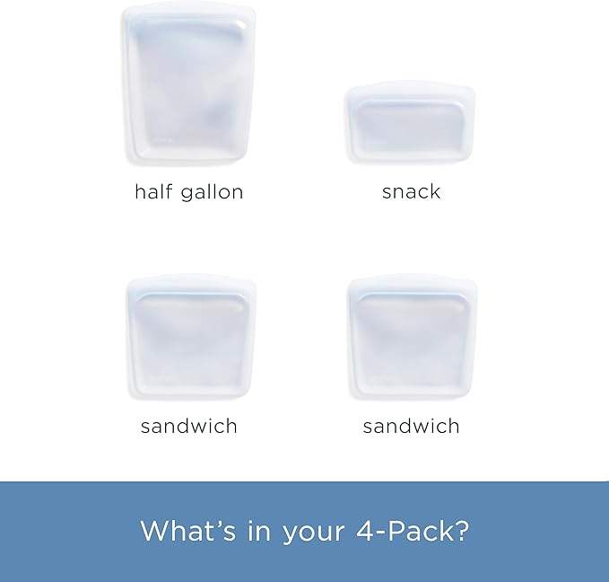 Stasher Silicone Reusable Food Storage Bags, 4-Pack, Reusable Freezer Bags, Microwave, Dishwasher, Oven Safe, Sous Vide, Premium Lunch Containers, Eco Friendly, Snack Bags, Food-safe Silicone, Clear