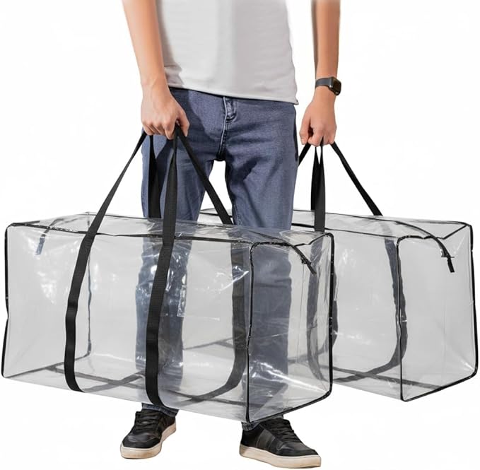 Heavy Duty Extra Large Moving Bags,149 Gallon Jumbo Packing Bags,Huge Moving Storage Bags with Strong Zippers & Carrying Handles,Reusable Big Moving Storage Bags for College Dorm Travel 2Pack,Clear