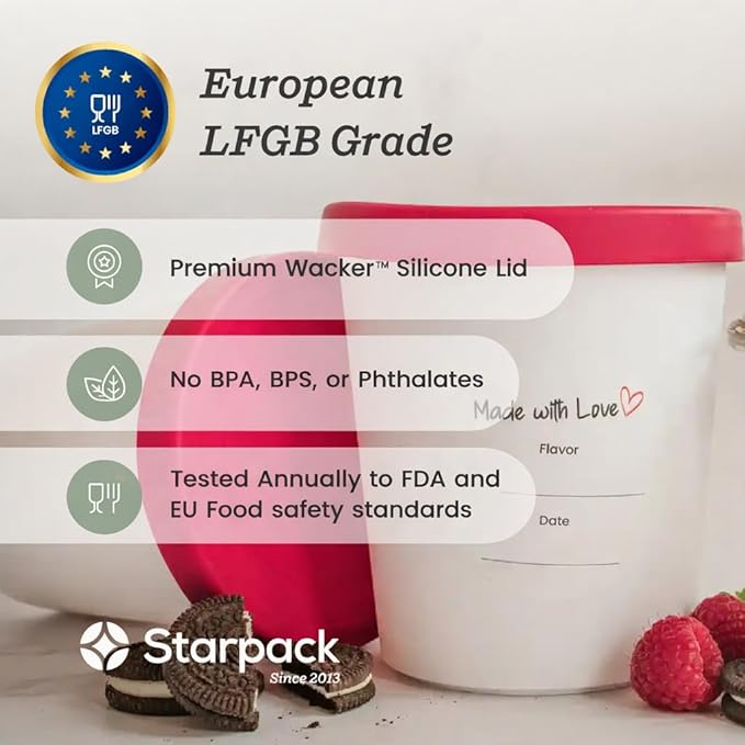 StarPack Freeze The Day Homemade Ice Cream Containers (2-Pack, 1 Quart) - Airtight Silicone Lids, BPA-Free Reusable Freezer Tubs with Dry Erase Pen and Labels - Stackable, Red and White