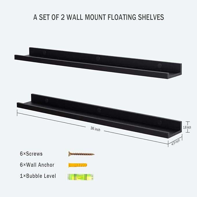 AZSKY 36 Inch Picture Ledge Shelves Set of 3, Rustic Wood Floating Shelves for Photo Frames, Nursery & Kids Book Shelves, Wall Mounted Bathroom Organizer (Black)