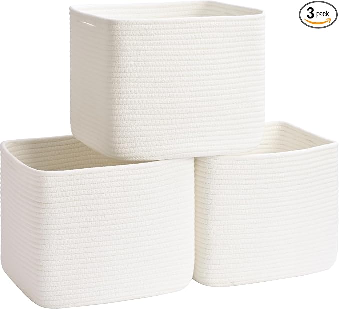 3 Pack Cube Storage Bin, 12”x12”x10” Cotton Rope Woven Baskets for Organizing Toys Clothes Towels, Square Gift Storage Baskets for Shelves, Nursery, Closet, Bathroom, Pantry (White)