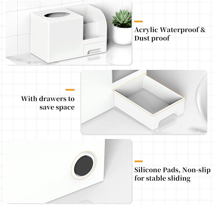 Chintu Makeup Brush Tissue Holder, Acrylic Makeup Organizer, Desk Organizer for Dorm, Bathroom Drawer Organizers and Storage, Countertop Makeup and Tissue Organizer Vanity, White