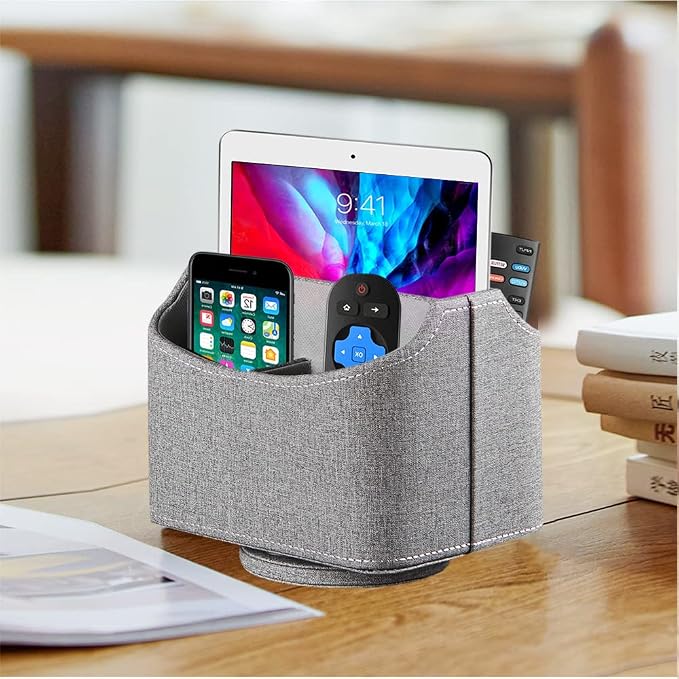360° Rotating Remote Control Holder, PU Leather TV Remote Caddy Organizer Basket Storage Box with 5 Compartments for Pen, Pencil, Art Supplies, Makeup Brush, Office Desk Table Accessories | Nightstand Organizer Storage Box with 5 Compartments for Penci...