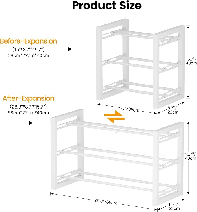 Homeiju Expandable Shoe Rack, 3 Tier Metal Shoe Shelf, Adjustable Shoe Stand for Sneakers, Boots, Heels, Heavy-Duty Steel Standing Shoe Organizer for Entryway, Closet, Bedroom, White