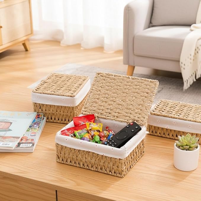 1PC Woven Storage Basket with Lid for Closet Shelf-Khaki Large | Bathroom, Closet & Shelf Storage Basket, Sewing & Towel Basket, Blanket & Toy Storage, Woven Basket with Liner