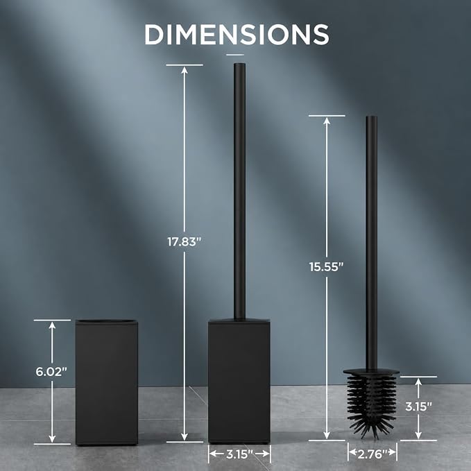 FORIOUS Toilet Cleaner Brush, 2 Toilet Bowl Brush Head Square Short Black | Heavy Duty 304 Stainless Steel Base, Silicone and Plastic Brush Heads, 360° Deep Cleaning, Drip-Proof, Splash-Proof Design