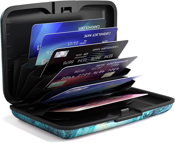 Credit Card Holder for Women, Small RFID Metal Credit Cards Wallets Cute Business Card Holder Pocket ID Case, Blue Ocean Marble