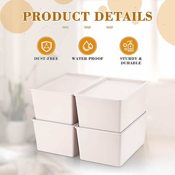 Menkxi 4 Pcs Storage Bins with Lids Plastic Stackable Containers for Organizing Shelves Christmas Ornament Box Baskets(Beige,Large)