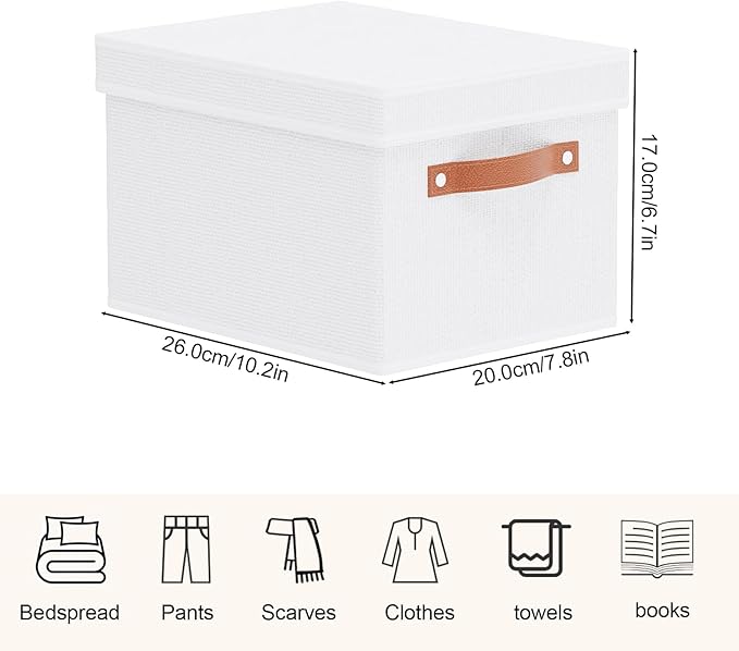 Storage Boxes with Lids, 10.2×7.8×6.7 Inch Storage Baskets, Closet Organizers for Shelves Organizing with Handles, White, 5-Pack
