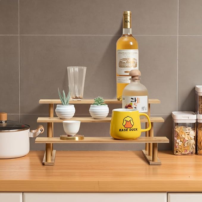 CROISSANT Bamboo and Wood 3 Tier Cupcake Stand, Food Display Risers for Party , Statues and Lego Displays, Cologne Stand, Perfume Display Stand（3 Tier，1Pack）