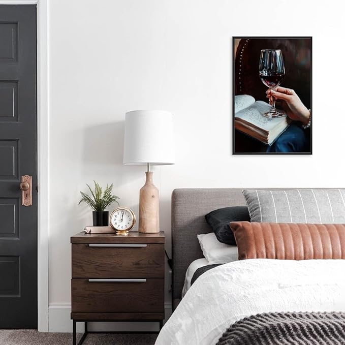 Wine and Book Girl Reading With Drink Art Aesthetic Poster Canvas Wall Art Decoration Living Room Home Decor Bedroom Decoration Poster black framed16x24inch