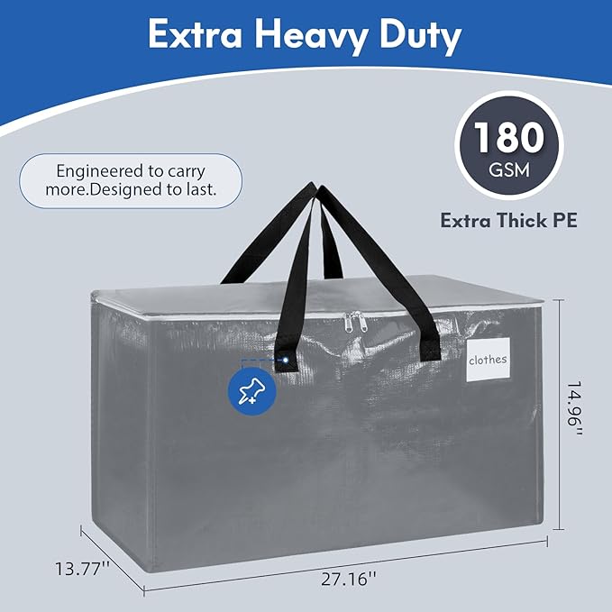 6-Pack Extra-Large Heavy-Duty Moving Bags with Reinforced Handles, Durable Zippers & Waterproof Material — Perfect for Space-Saving, Storage, Shipping and Travel (Black)
